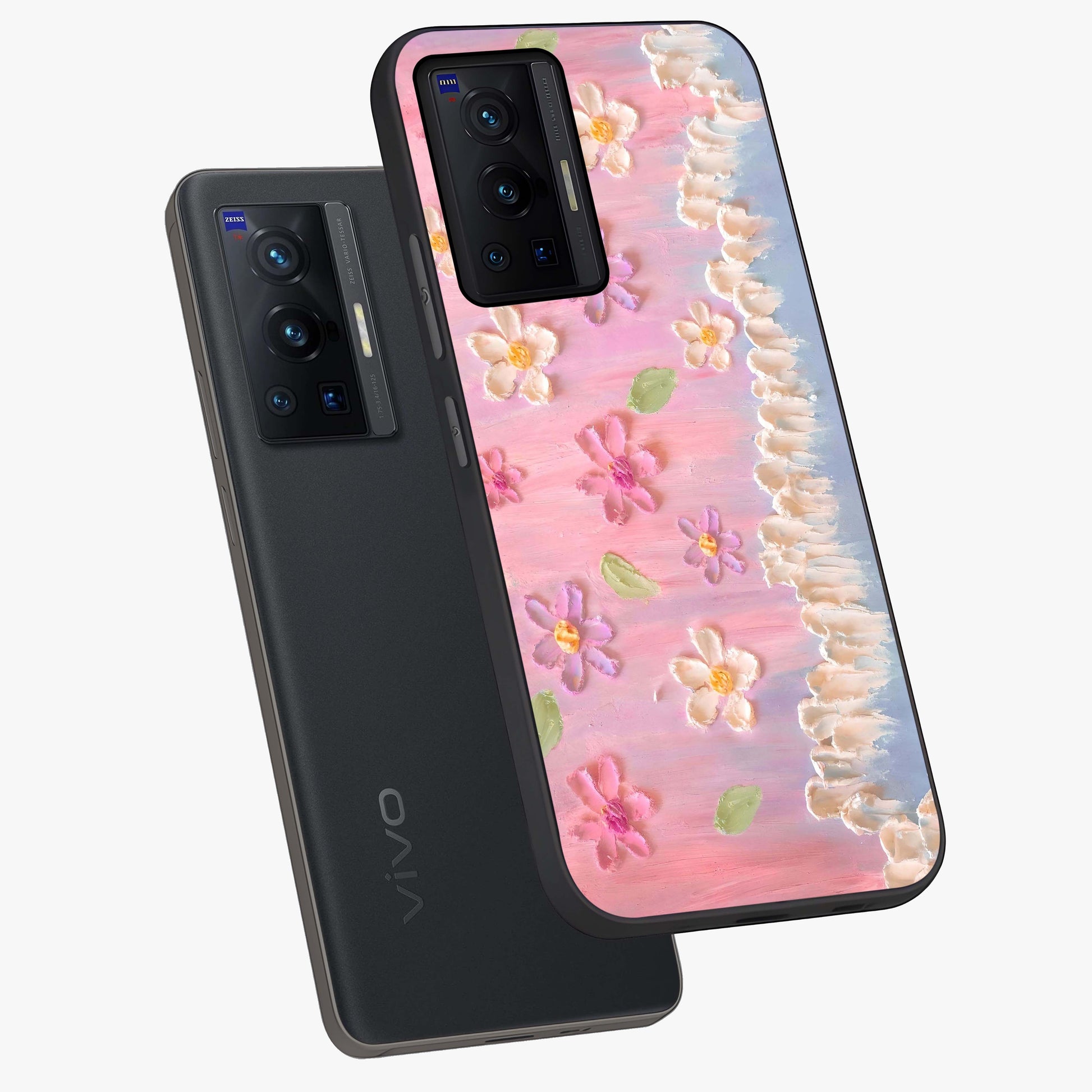 Dreamy Painted Garden Glass Case displayed in angled mockup highlighting colorful garden illustration with dreamy aesthetic style.