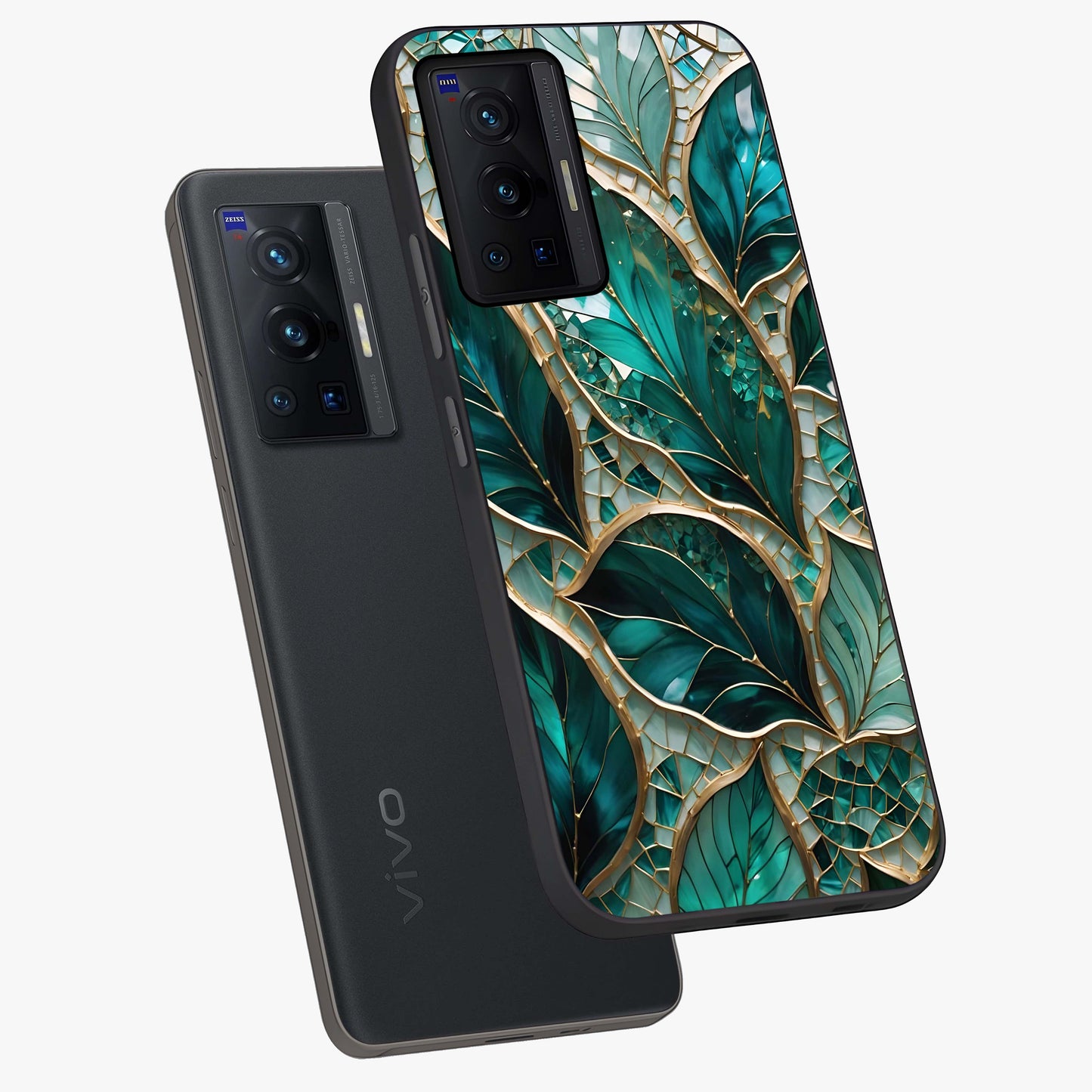 Emerald Leaf Glass Glass Case displayed in angled mockup highlighting botanical leaf illustration with elegant natural aesthetic.