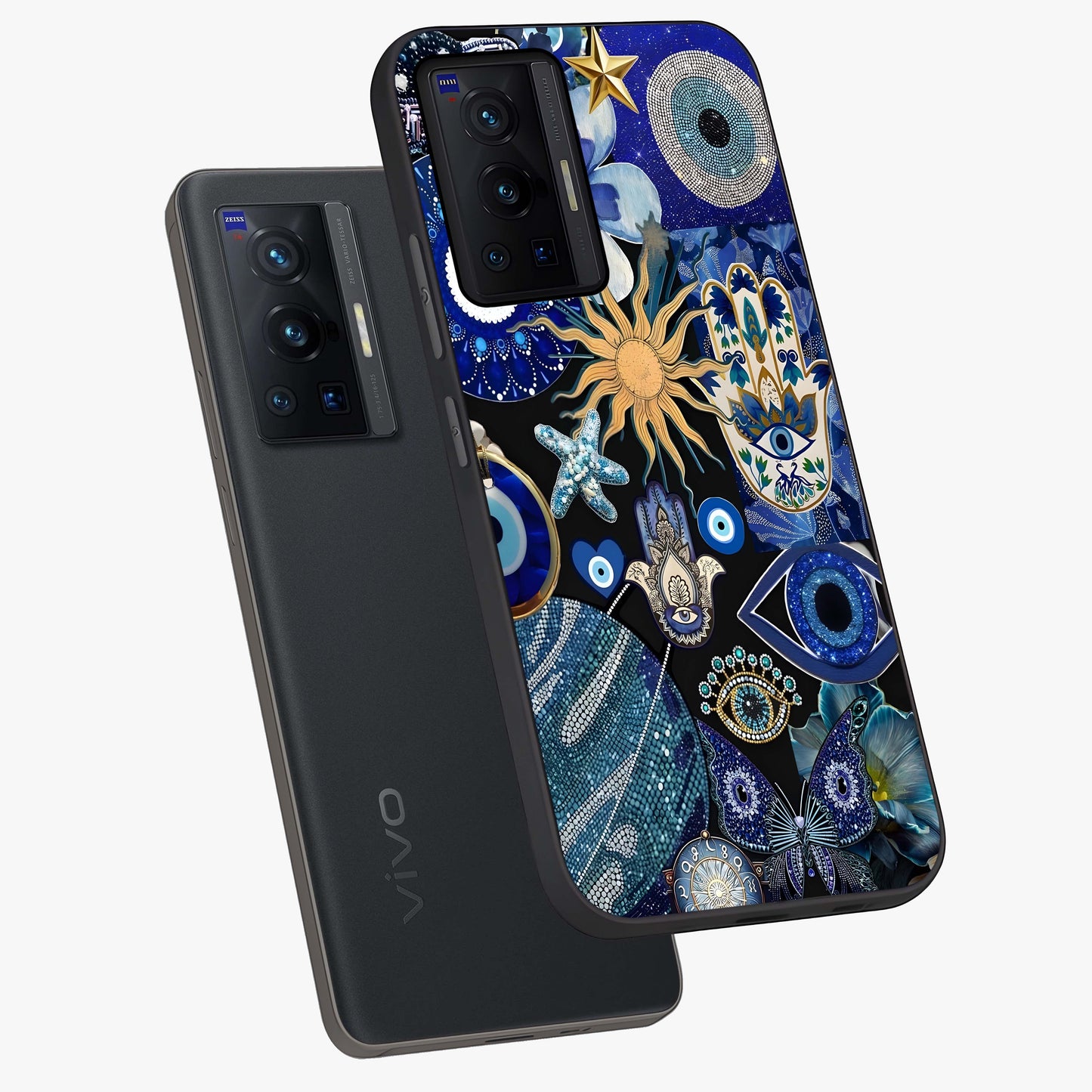 Evil Eye Charm Mix Glass Case displayed in angled mockup highlighting protective evil eye symbols with spiritual aesthetic design.