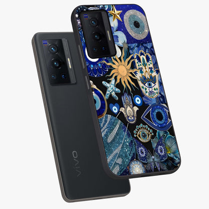 Evil Eye Charm Mix Glass Case displayed in angled mockup highlighting protective evil eye symbols with spiritual aesthetic design.