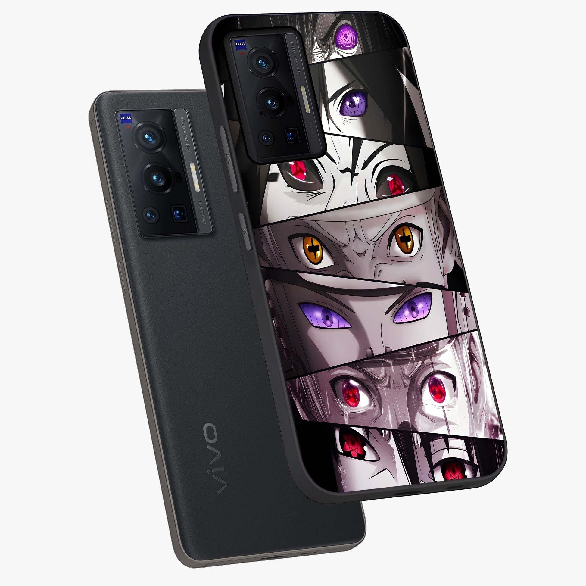 Eyes of Destiny Glass Case displayed in angled mockup highlighting bold eye illustration with mystical aesthetic style.