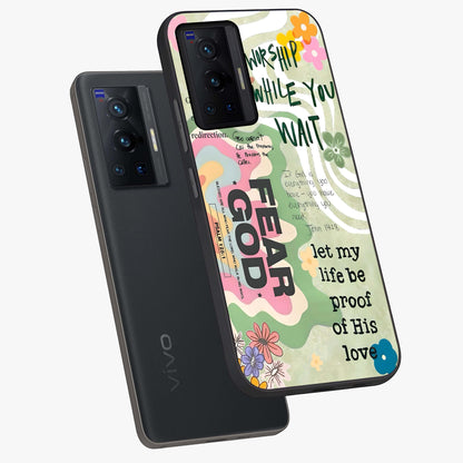 Faith Over Fear Glass Case displayed in angled mockup highlighting inspirational message design with modern aesthetic style.