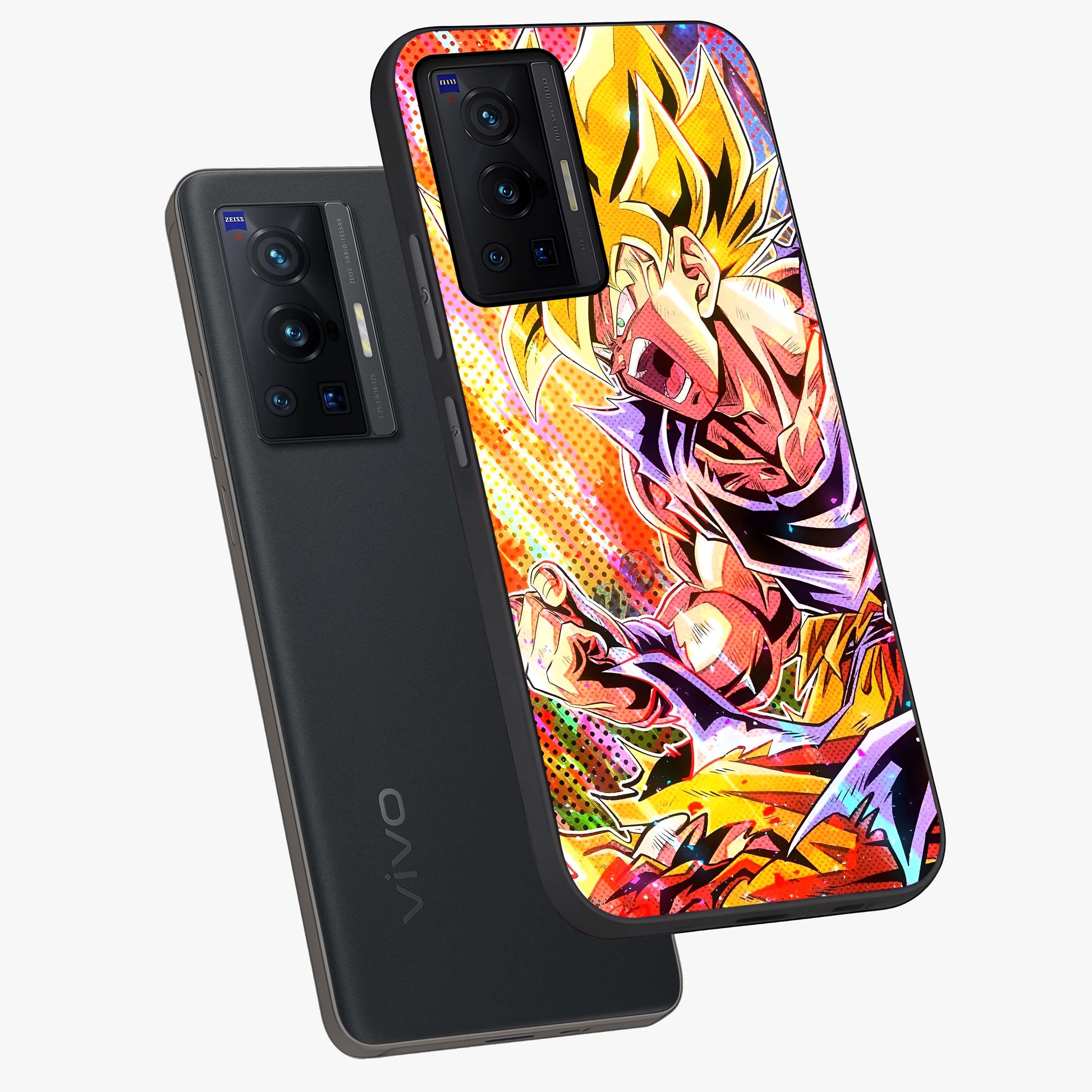 Firing Goku Glass Case displayed in angled mockup highlighting dynamic anime character design with action aesthetic.