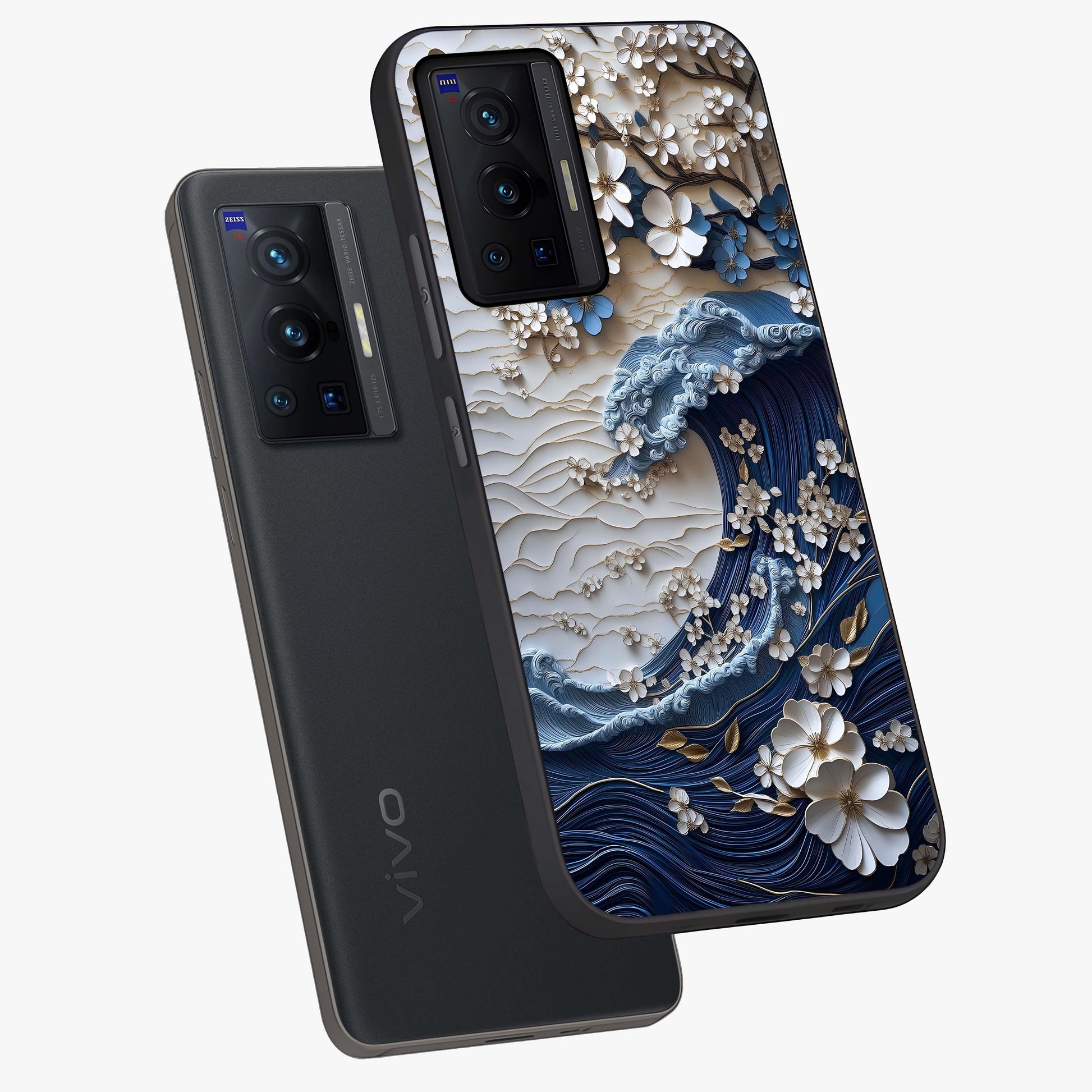 Floral Wave Origami Glass Case displayed in angled mockup highlighting geometric origami flower design with modern aesthetic style.