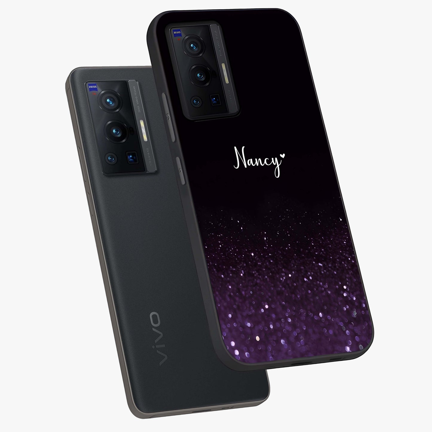 Glittery Purple Bokeh Custom Name Glass Case displayed in angled mockup highlighting glitter bokeh pattern with custom name feature.