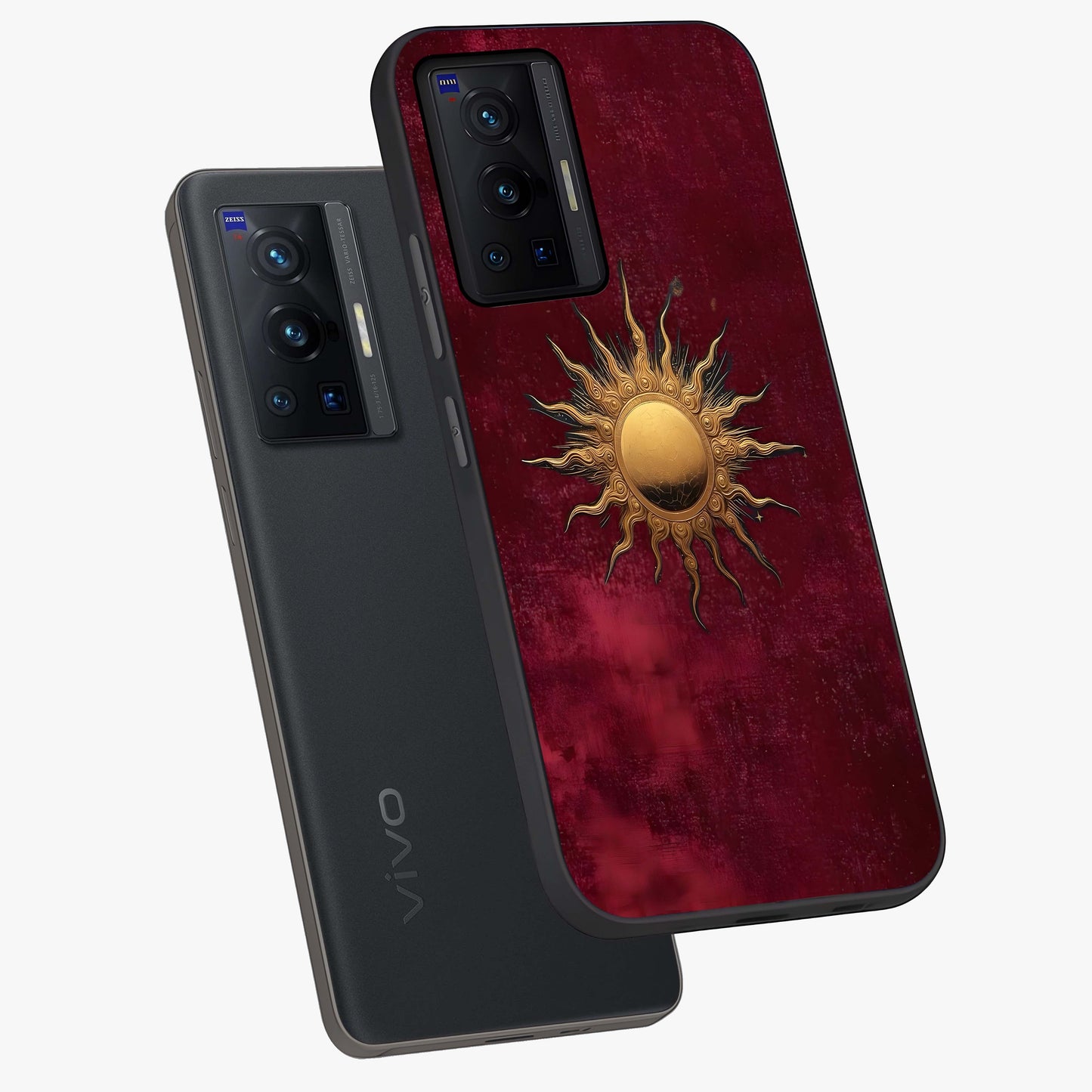 Golden Sun Minimalism Glass Case displayed in angled mockup highlighting clean sun symbol design with modern minimal aesthetic.