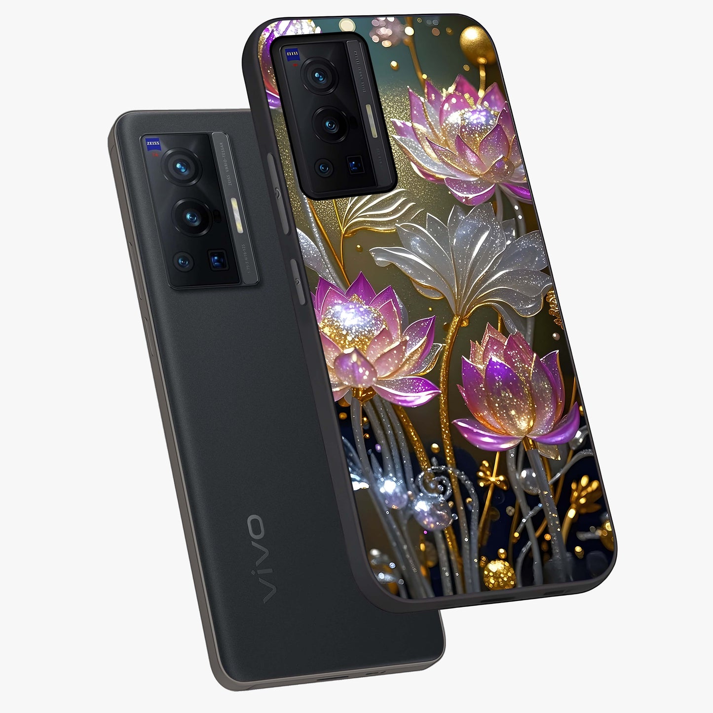 Golden Floral Majesty Glass Case displayed in angled mockup highlighting elegant flower design with royal golden aesthetic.