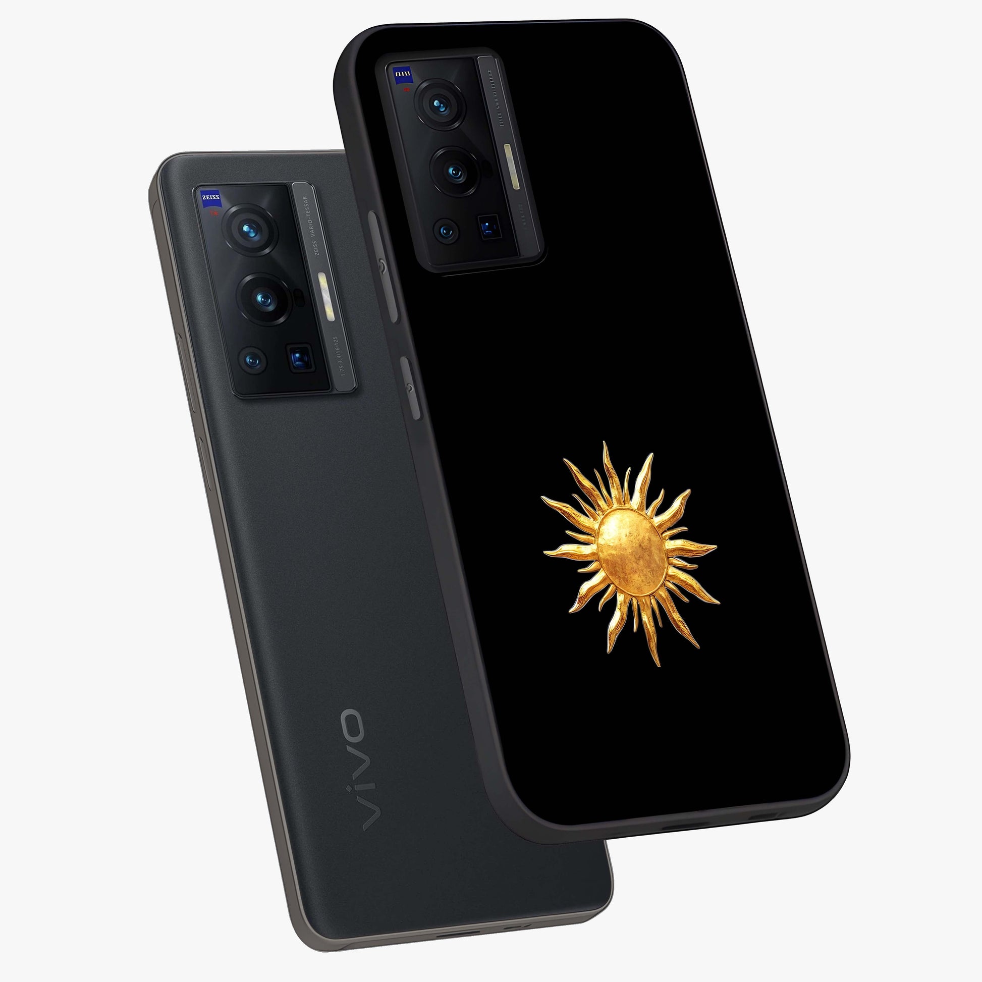 Golden Sun Minimalism Glass Case displayed in angled mockup highlighting eerie shadow illustration with gothic aesthetic.