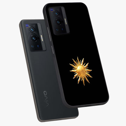 Golden Sun Minimalism Glass Case displayed in angled mockup highlighting eerie shadow illustration with gothic aesthetic.