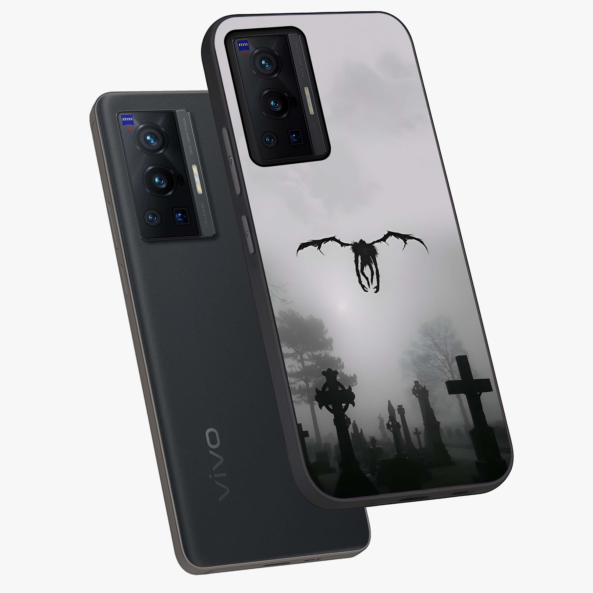 Graveyard Shadow Descent Glass Case displayed in angled mockup highlighting eerie shadow illustration with gothic aesthetic.