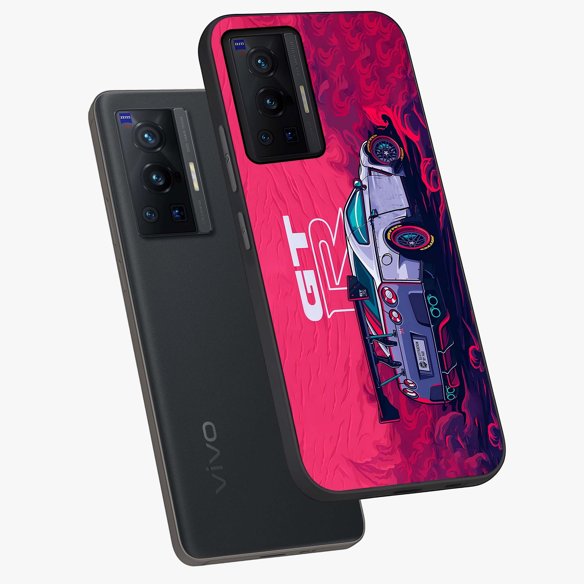 GT-R Car Pattern Glass Case displayed in angled mockup highlighting racing car graphic design with bold automotive aesthetic.
