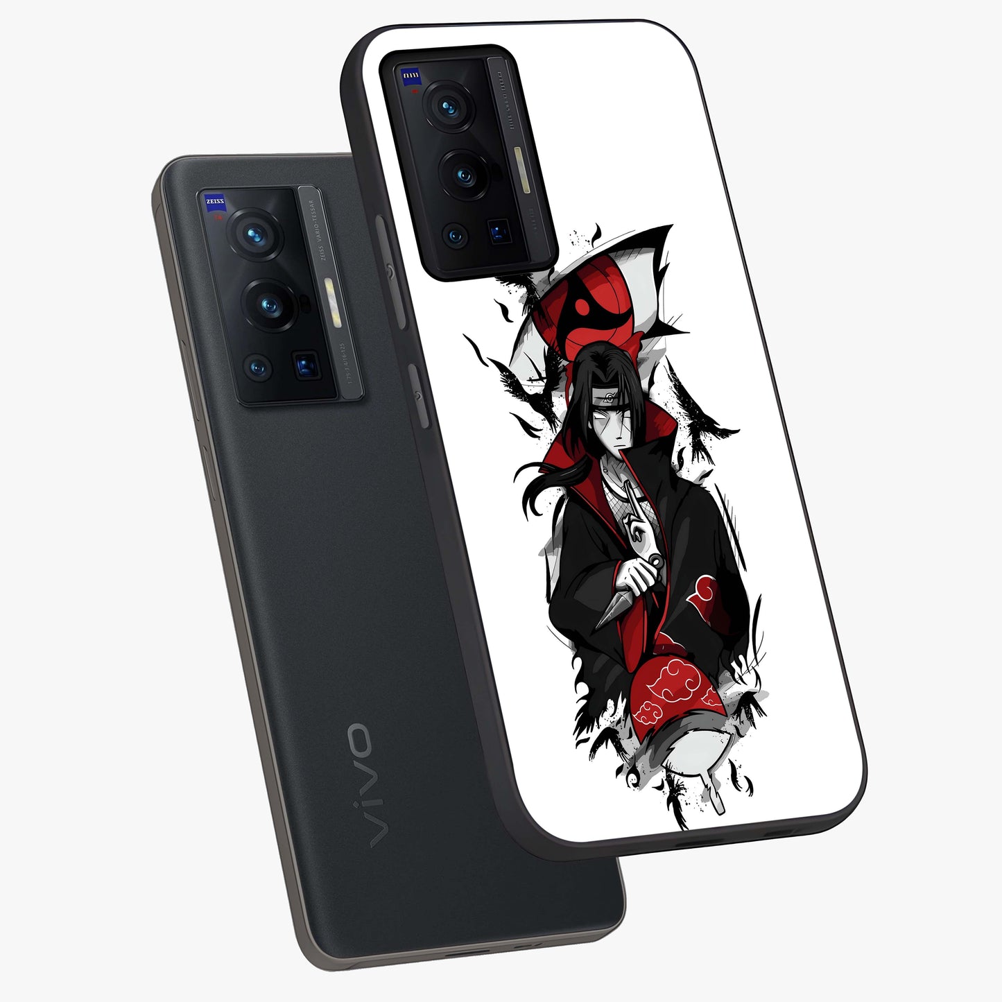 Itachi Limited Edition Naruto Anime Glass Case displayed in angled mockup highlighting dramatic anime illustration with bold action aesthetic.