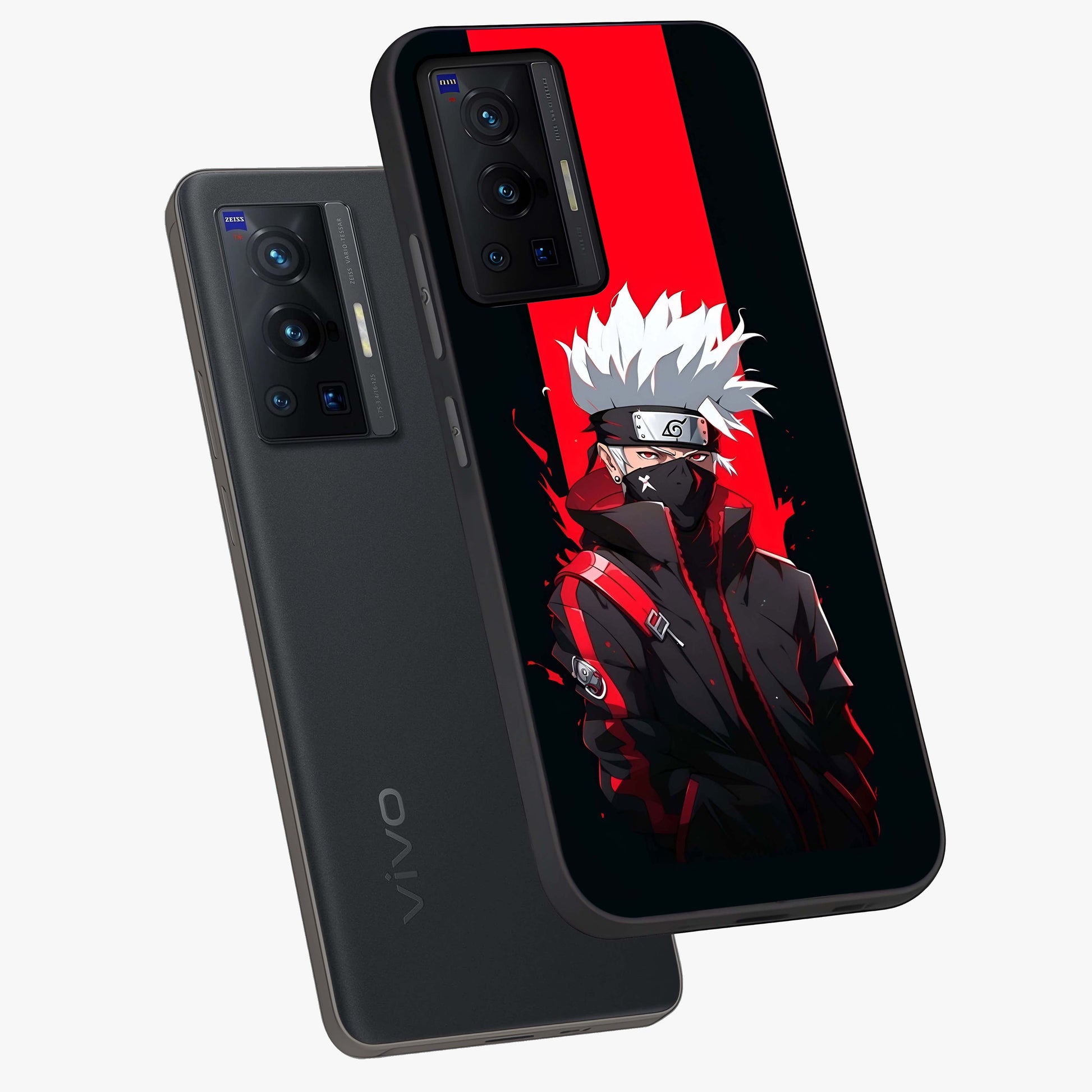 Kakashi Scarlet Shadow Glass Case displayed in angled mockup highlighting dramatic ninja illustration with scarlet themed aesthetic.