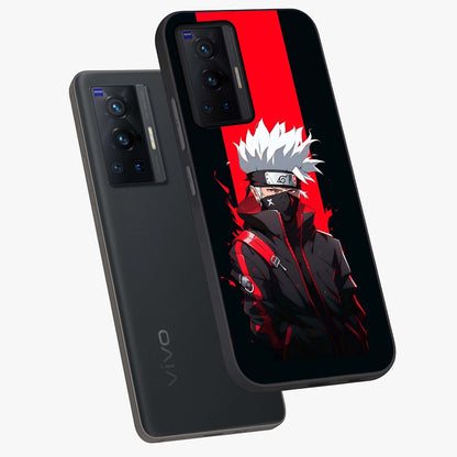 Kakashi Scarlet Shadow Glass Case displayed in angled mockup highlighting dramatic ninja illustration with scarlet themed aesthetic.