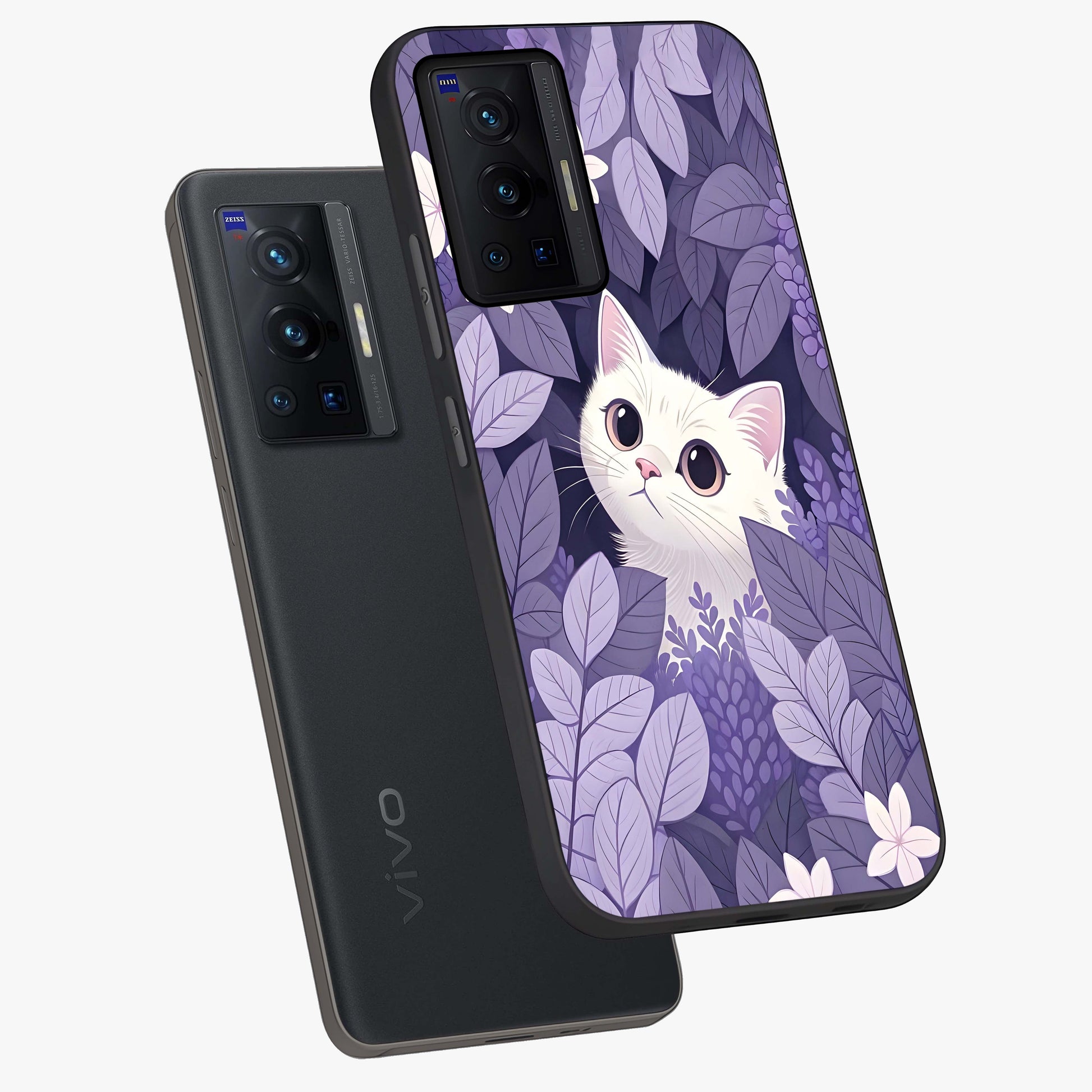 Lilac Hide Peek Cat Glass Case displayed in angled mockup highlighting playful feline illustration with lilac aesthetic design.