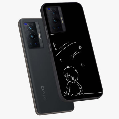 Line Art Boy With Shooting Stars Glass Case displayed in angled mockup highlighting elegant line art design with dreamy star aesthetic.