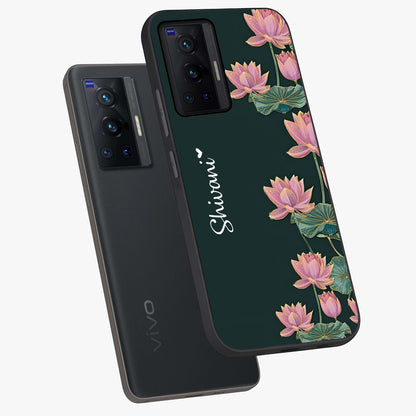 Lotus Bloom Serenity Custom Name Glass Case displayed in angled mockup highlighting graceful lotus illustration with custom name feature.