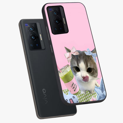 Love Matcha Cat Glass Case displayed in angled mockup highlighting playful feline illustration with cozy matcha aesthetic.