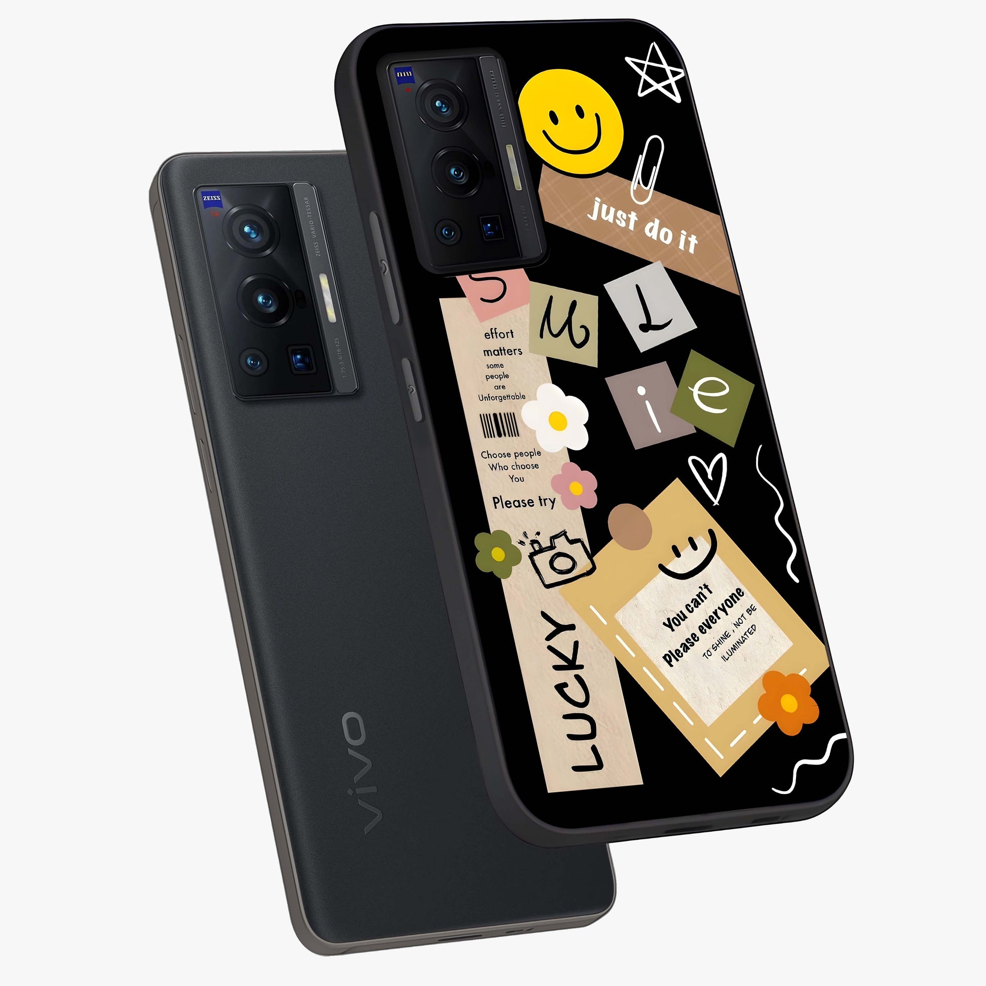 Lucky Aesthetic Collage Glass Case displayed in angled mockup highlighting stylish collage pattern with modern aesthetic vibe.