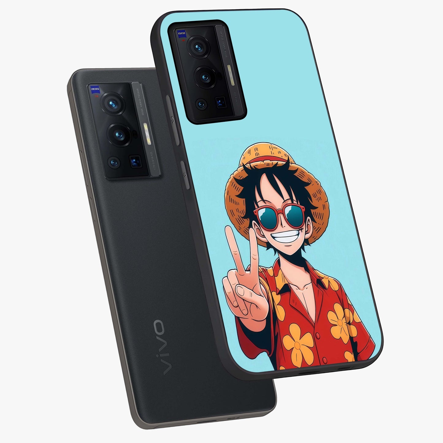 Luffy Summer Anime Vibe Glass Case displayed in angled mockup highlighting energetic anime illustration with summer vibe aesthetic.