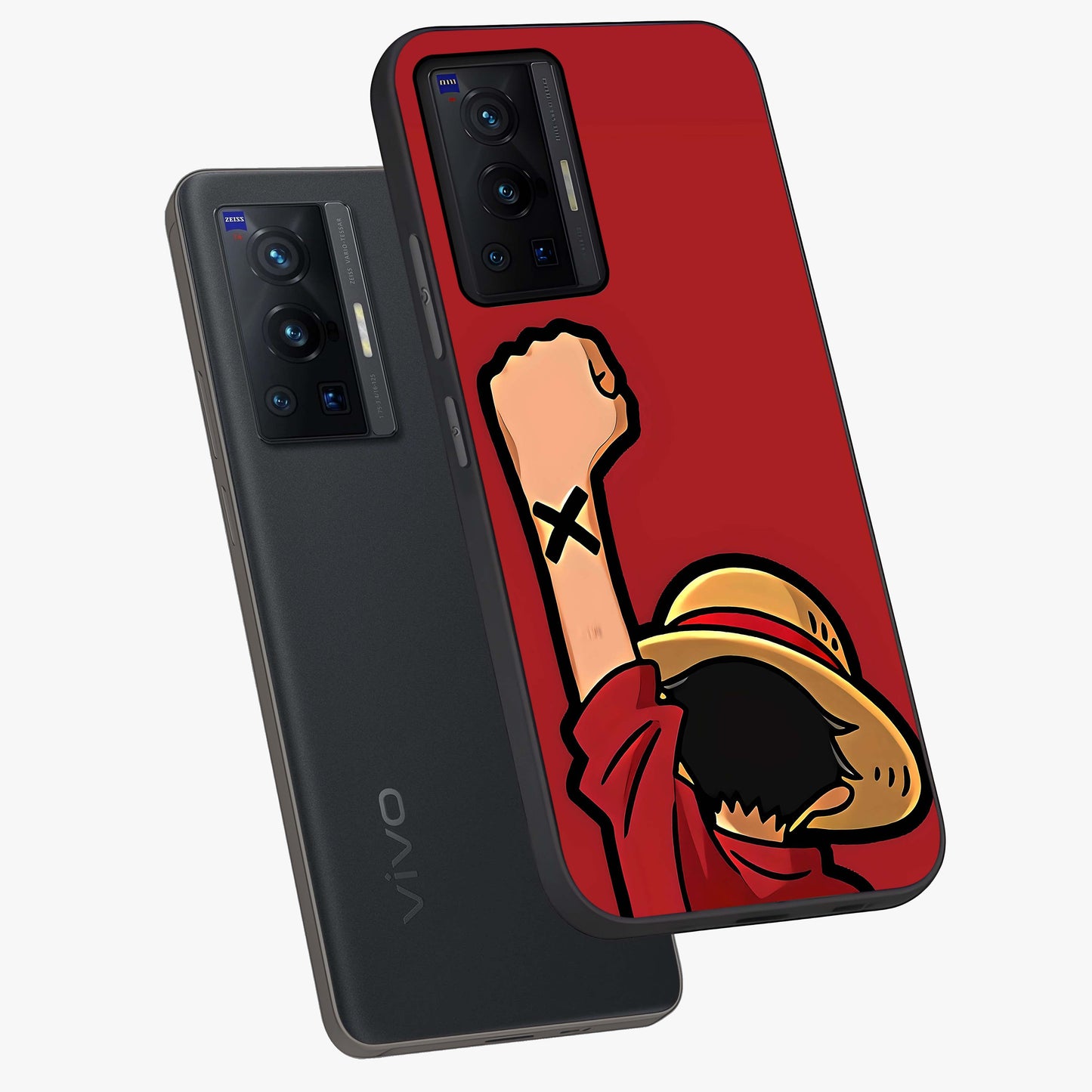 Luffy X Spirit Glass Case displayed in angled mockup highlighting powerful anime design with energetic action aesthetic.