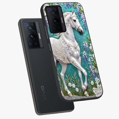 Majestic Floral Stallion Glass Case displayed in angled mockup highlighting majestic stallion illustration with elegant floral aesthetic.
