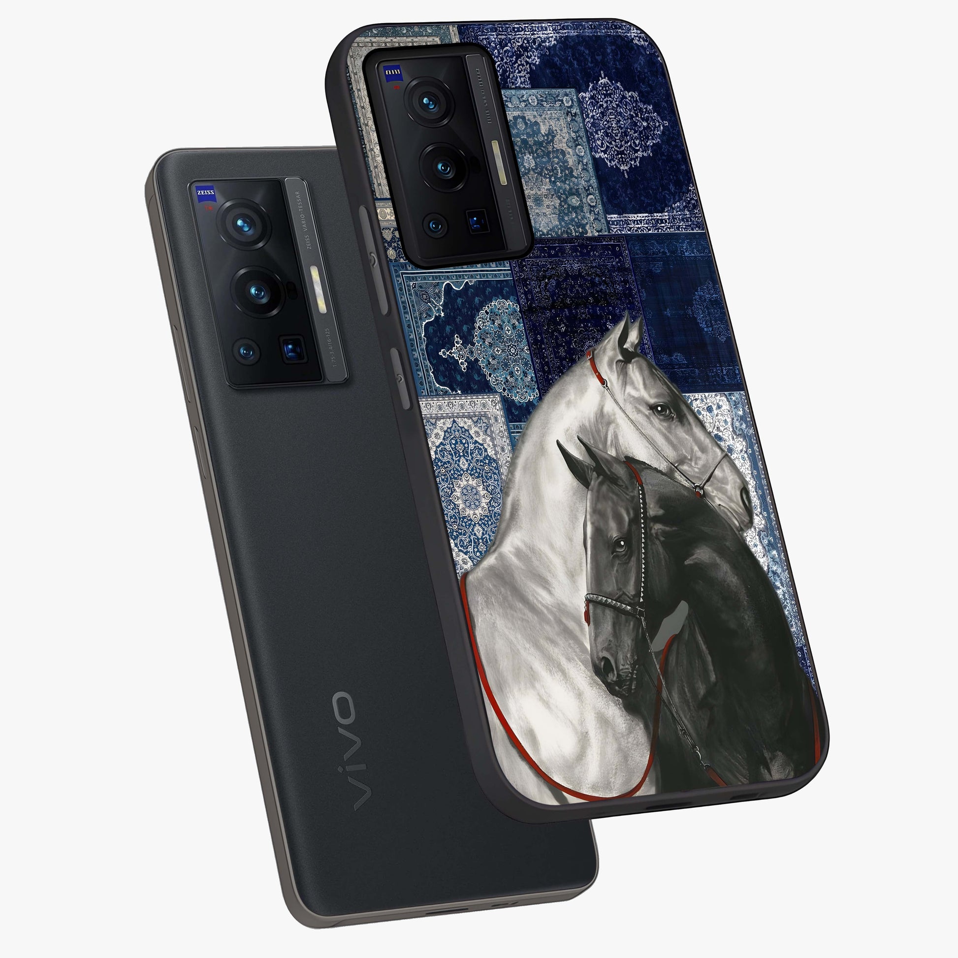 Midnight Stallion Blues Glass Case displayed in angled mockup highlighting powerful stallion illustration with deep midnight tones.