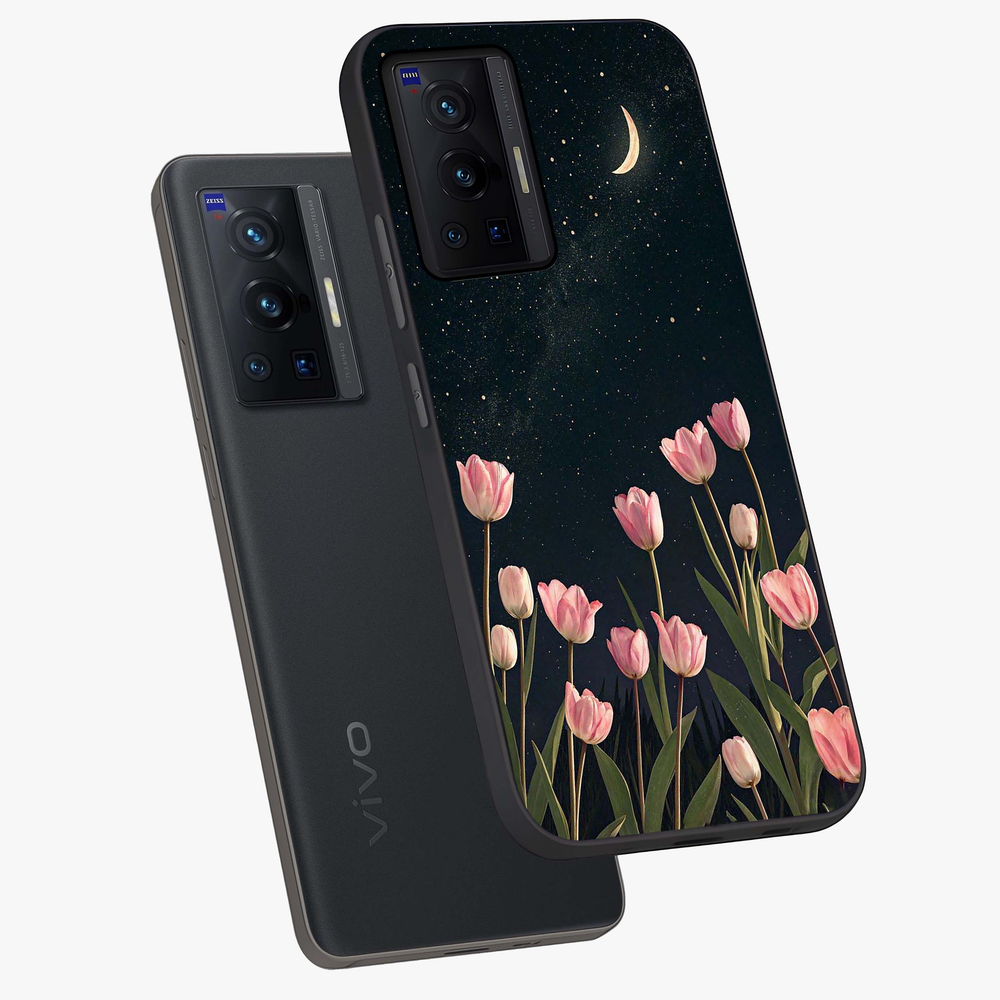 Midnight Tulip Whispers Vibe Glass Case displayed in angled mockup highlighting delicate tulip design with midnight floral aesthetic.