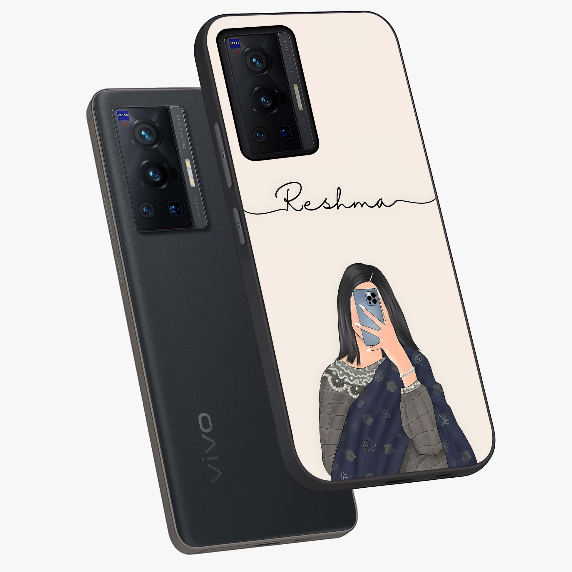 Mirror Mood Muse With Custom Name Glass Case displayed in angled mockup highlighting aesthetic mirror inspired design with custom name feature.