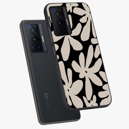 Monochrome Petal Dance Glass Case displayed in angled mockup highlighting elegant petal design with black and white aesthetic.