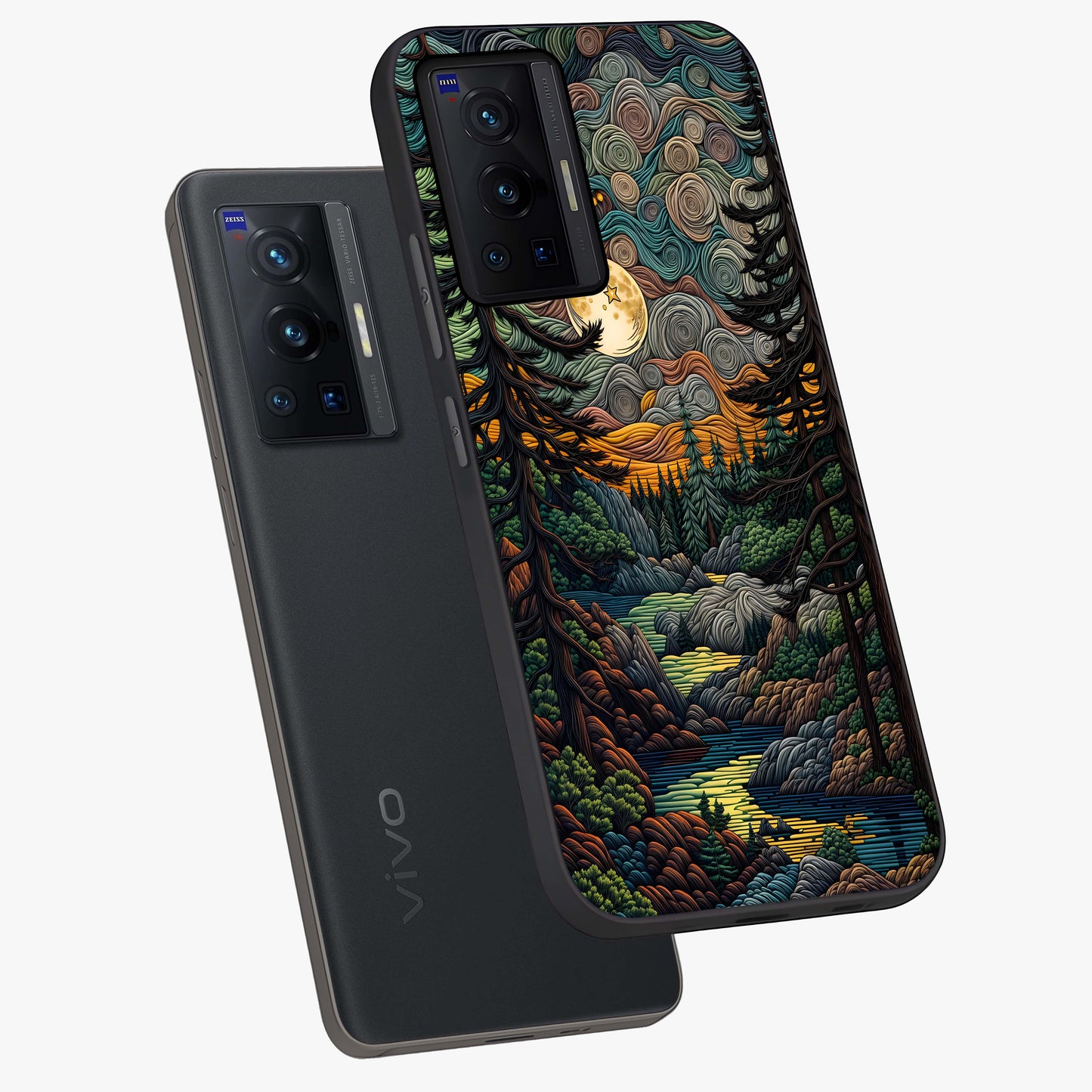 Moonlight Forest Dream Glass Case displayed in angled mockup highlighting dreamy forest design with glowing moon aesthetic.