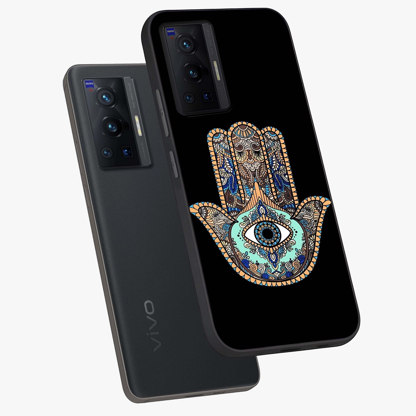 Mystic Hamsa Eye Glass Case displayed in angled mockup highlighting spiritual hamsa symbol with mystical aesthetic style.