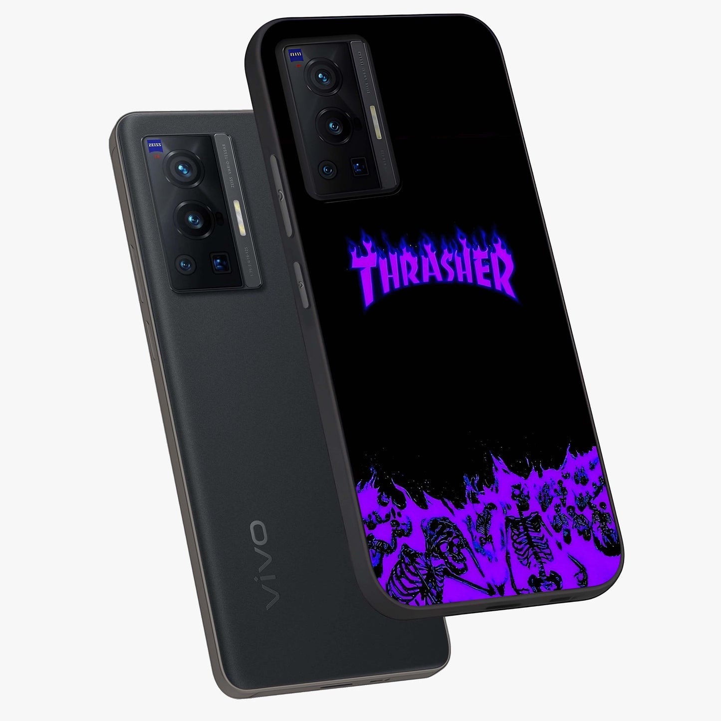 Neon Flame Riot Glass Case displayed in angled mockup highlighting glowing flame design with vibrant neon aesthetic.