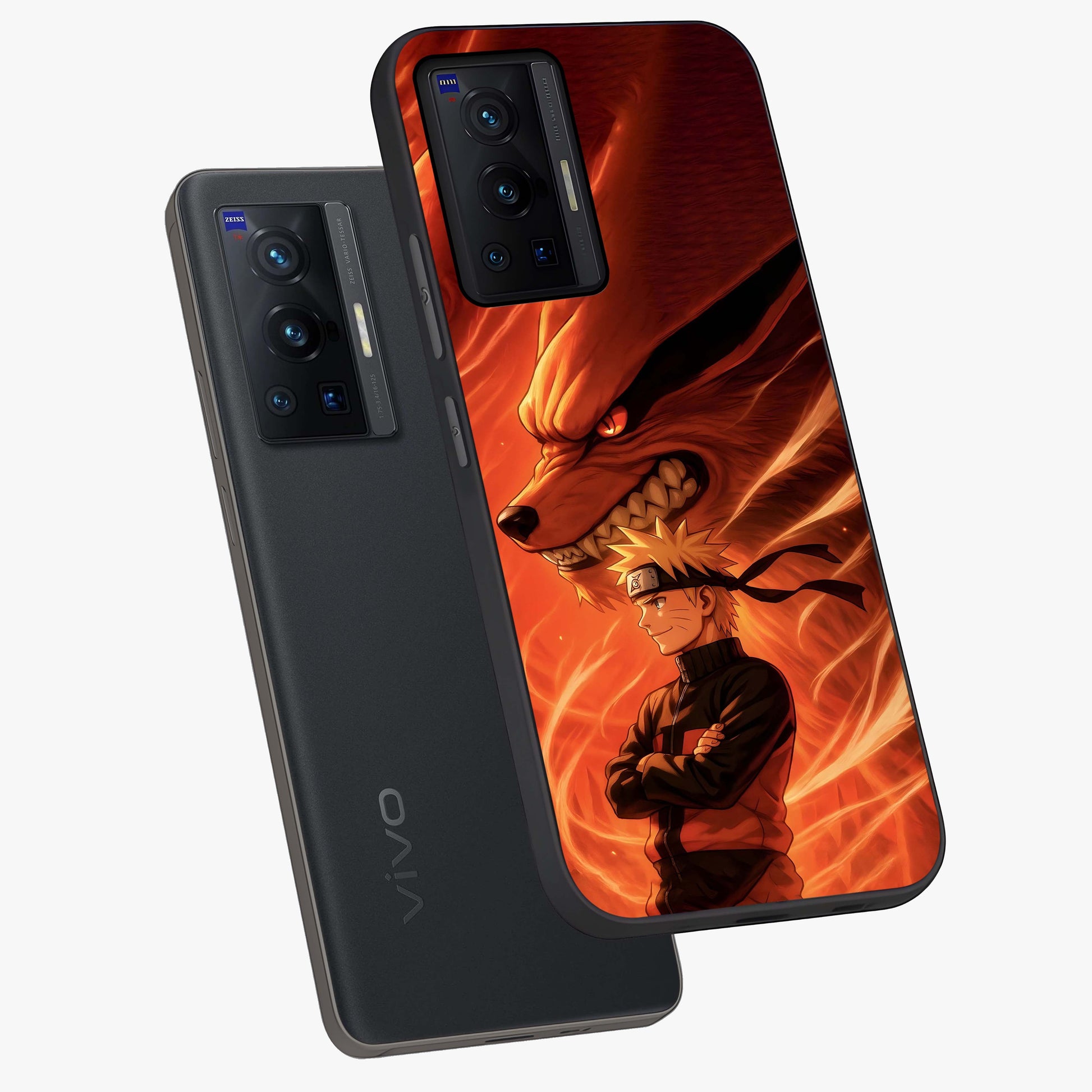 Nine Tails Legacy Glass Case displayed in angled mockup highlighting dynamic anime beast illustration with bold mystical aesthetic.