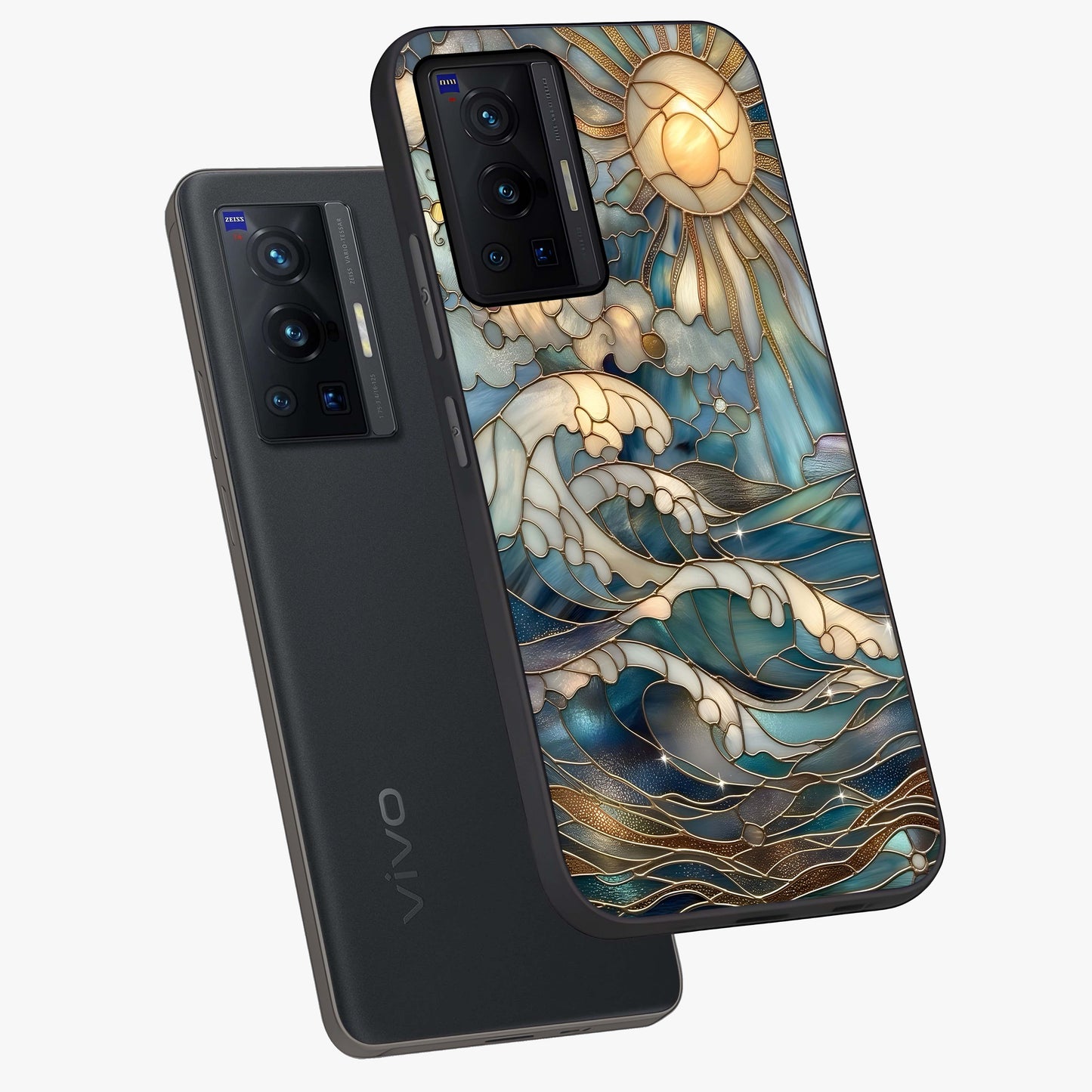 Oceanic Stained Printed Glass Case displayed in angled mockup highlighting colorful aquatic design with artistic aesthetic style.