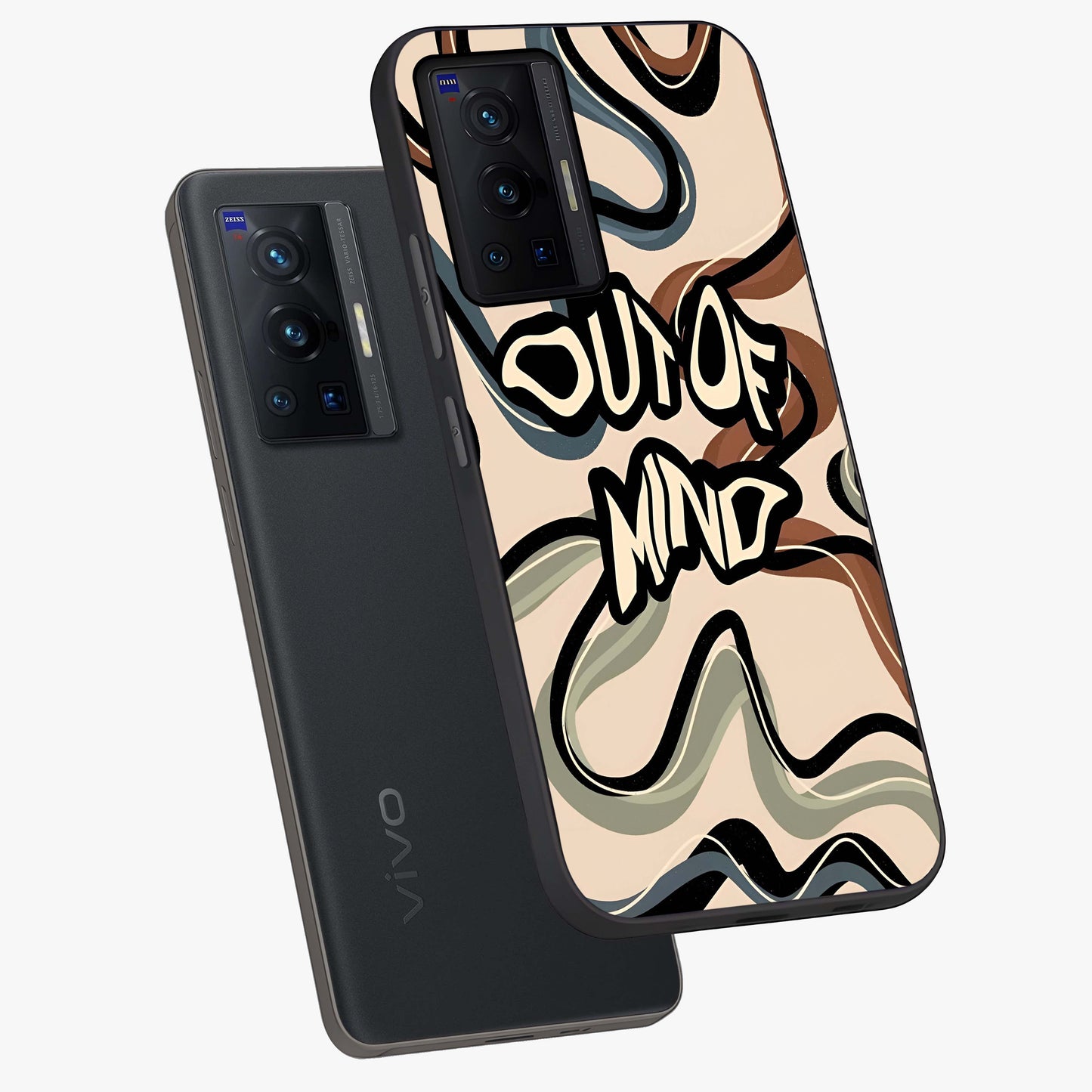 Out Of Mind Glass Case displayed in angled mockup highlighting bold statement design with modern artistic aesthetic.