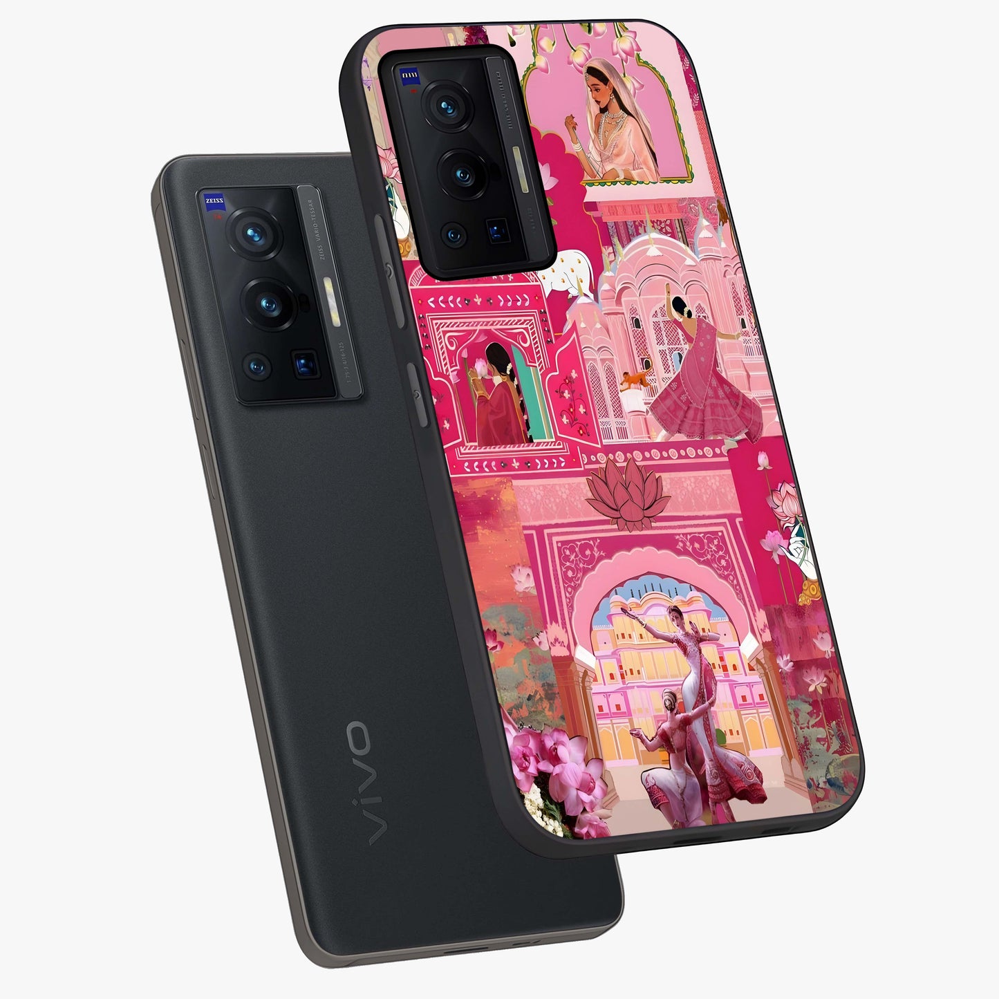 Pink Palace Muse Glass Case displayed in angled mockup highlighting dreamy palace illustration with soft pink aesthetic.