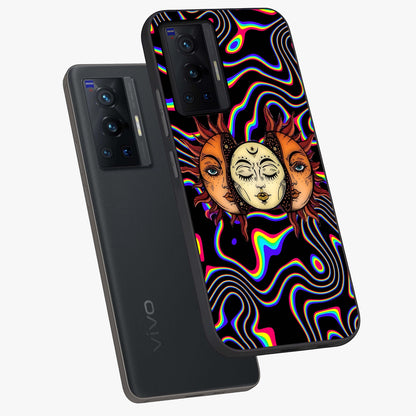 Psychedelic Sun Glass Case displayed in angled mockup highlighting vibrant abstract sun design with artistic aesthetic style.