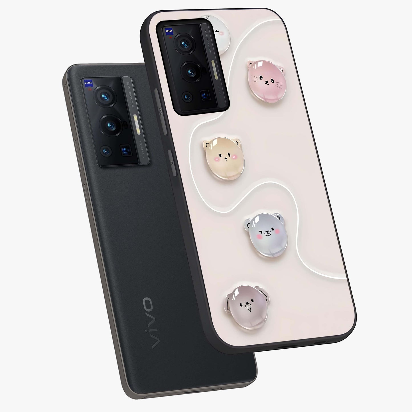 Puffy Face Parade Glass Case displayed in angled mockup highlighting playful cartoon face design with fun aesthetic.