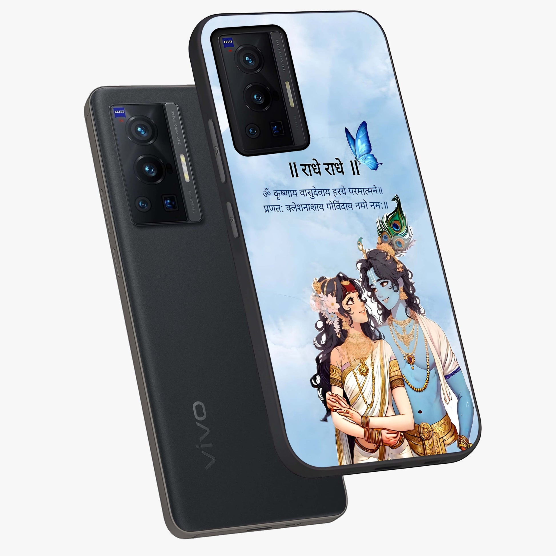 Radha Krishna Eternal Glass Case displayed in angled mockup highlighting divine Radha Krishna illustration with spiritual aesthetic.