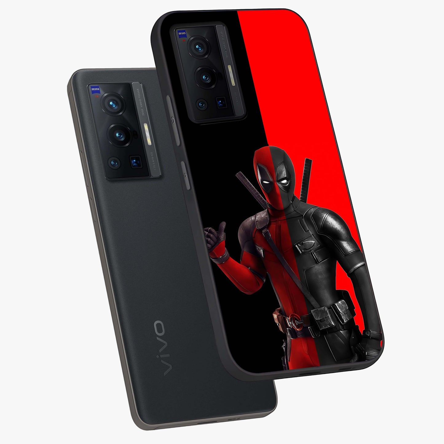 Red & Black Deadpool Theme Glass Case displayed in angled mockup highlighting vibrant superhero style illustration with action aesthetic.