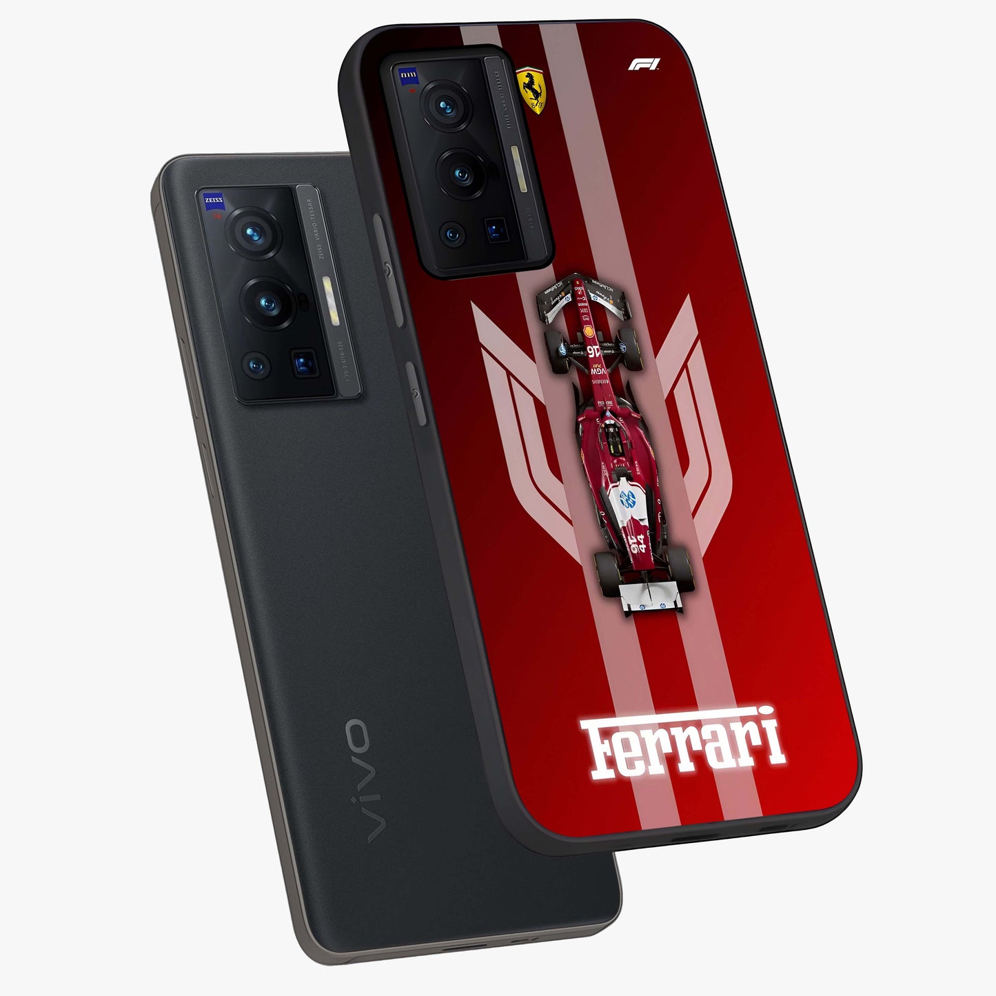 Red Ferrari F1 Vertical Glass Case displayed in angled mockup highlighting high speed racing design with bold automotive aesthetic.