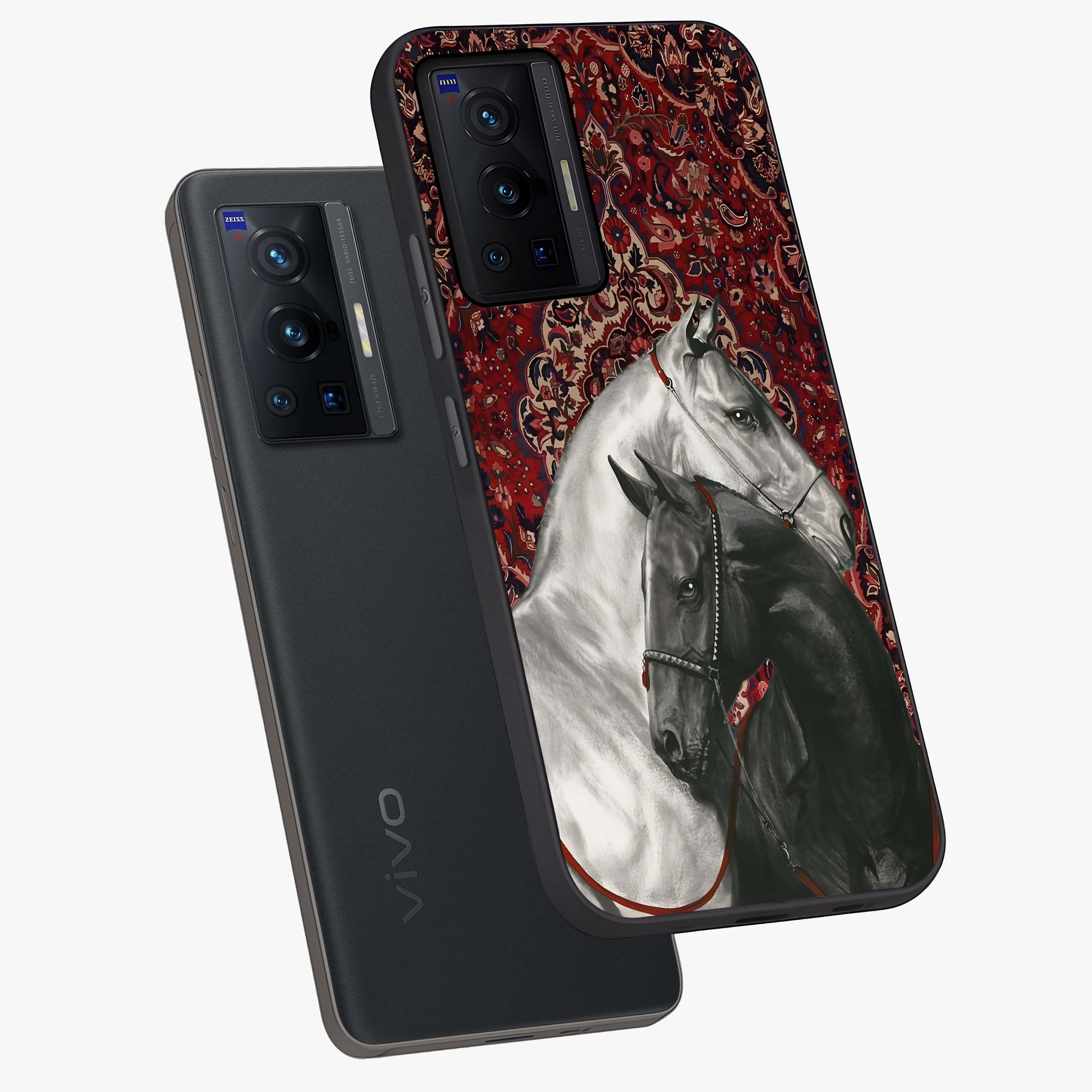 Regal Stallion Tapestry Glass Case displayed in angled mockup highlighting royal stallion design with decorative heritage aesthetic.