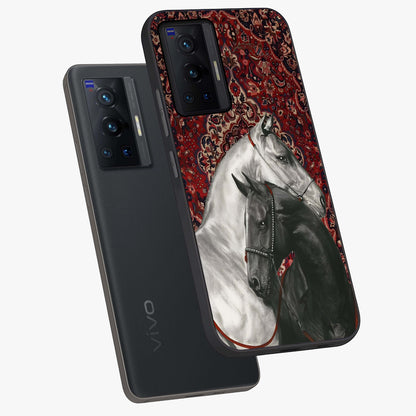 Regal Stallion Tapestry Glass Case displayed in angled mockup highlighting royal stallion design with decorative heritage aesthetic.