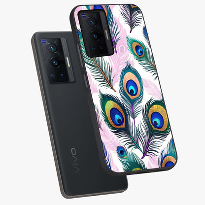 Royal Peacock Feathers Glass Case displayed in angled mockup highlighting vibrant feather pattern with regal aesthetic style.