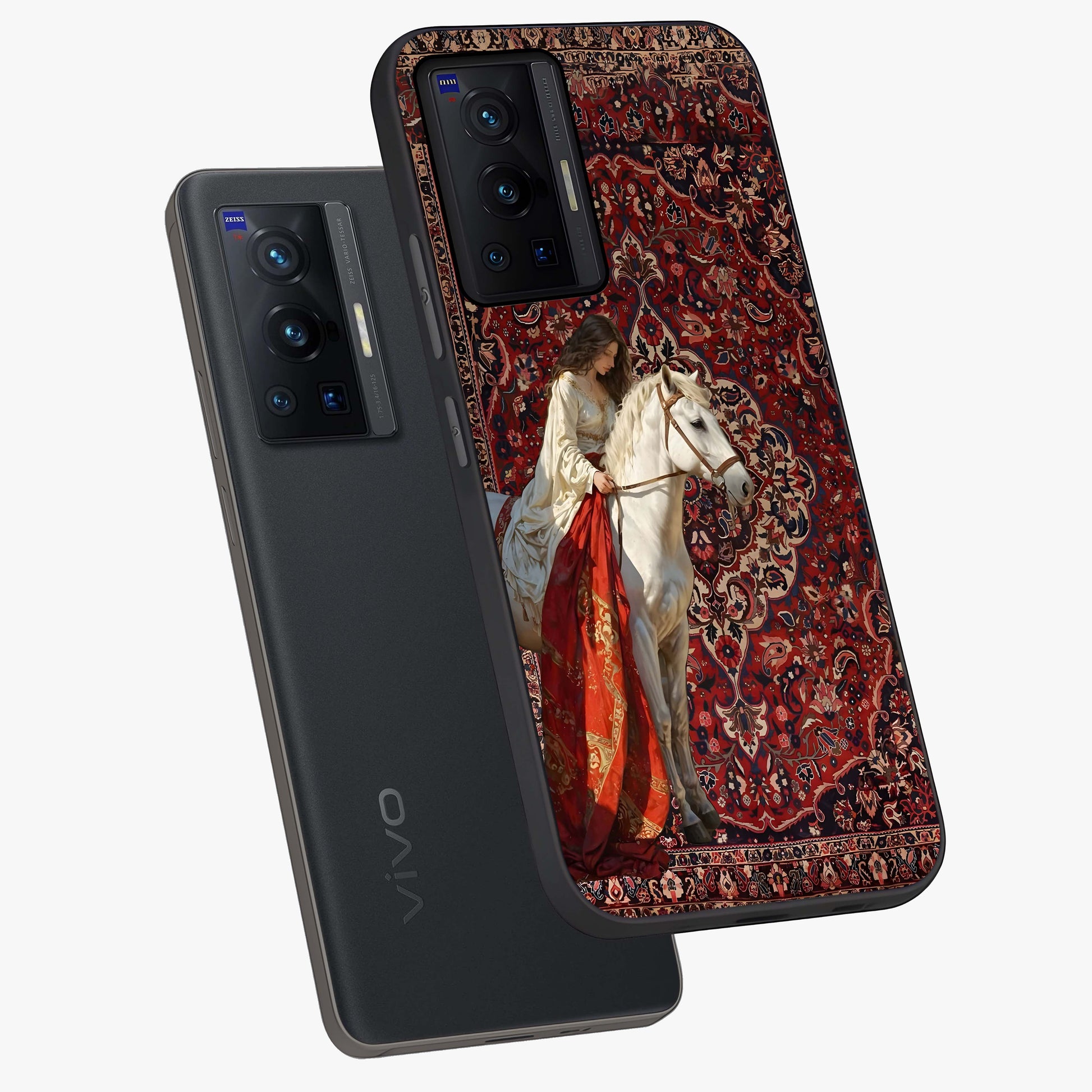 Royal Rider Tapestry Glass Case displayed in angled mockup highlighting traditional tapestry design with royal heritage aesthetic.