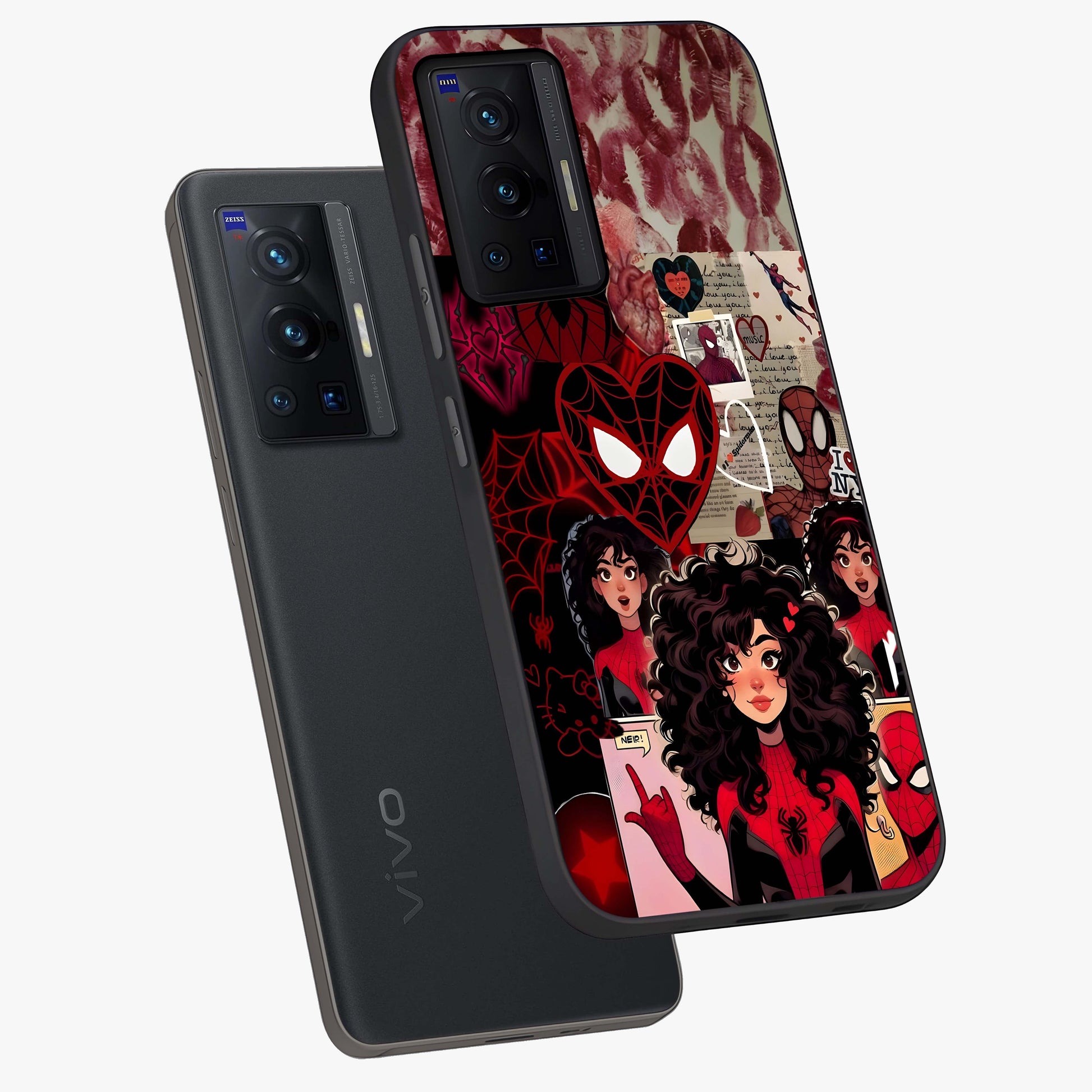 Spider Love Story Glass Case displayed in angled mockup highlighting expressive comic inspired design with playful aesthetic.