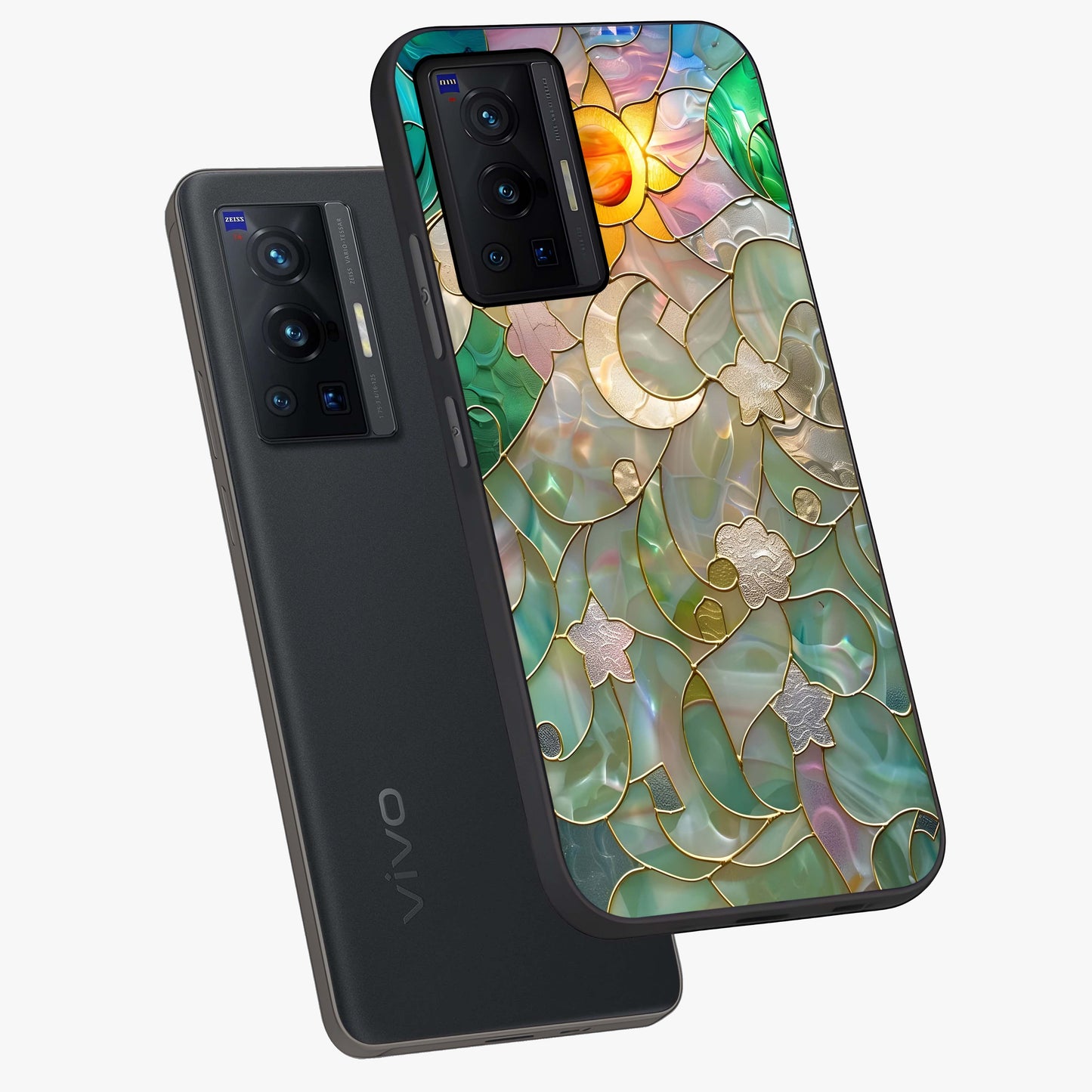 Stained Sunrise Glow Glass Case displayed in angled mockup highlighting radiant sunrise design with artistic aesthetic style.