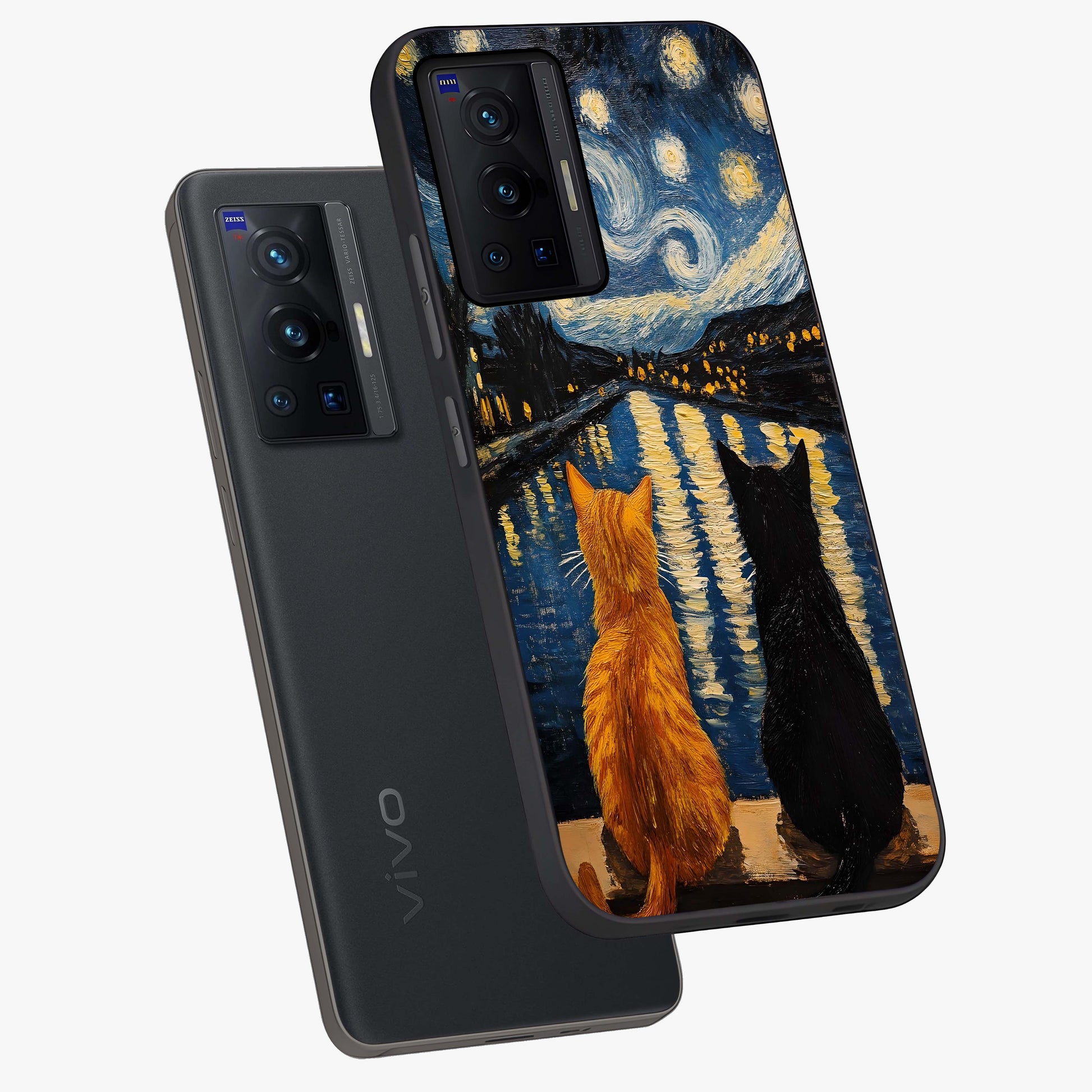 Starry River Cats Glass Case displayed in angled mockup highlighting charming feline illustration with dreamy night aesthetic.