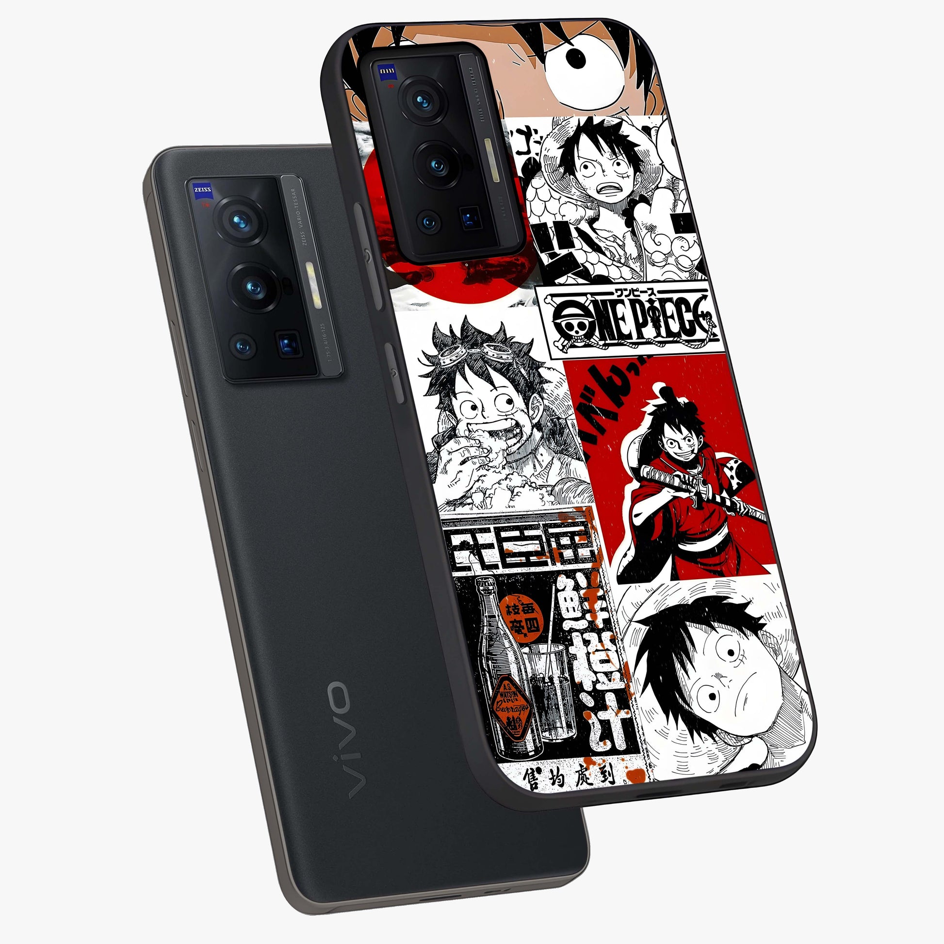 Strawhat Chaos Panels Glass Case displayed in angled mockup highlighting vibrant anime collage design with action aesthetic.